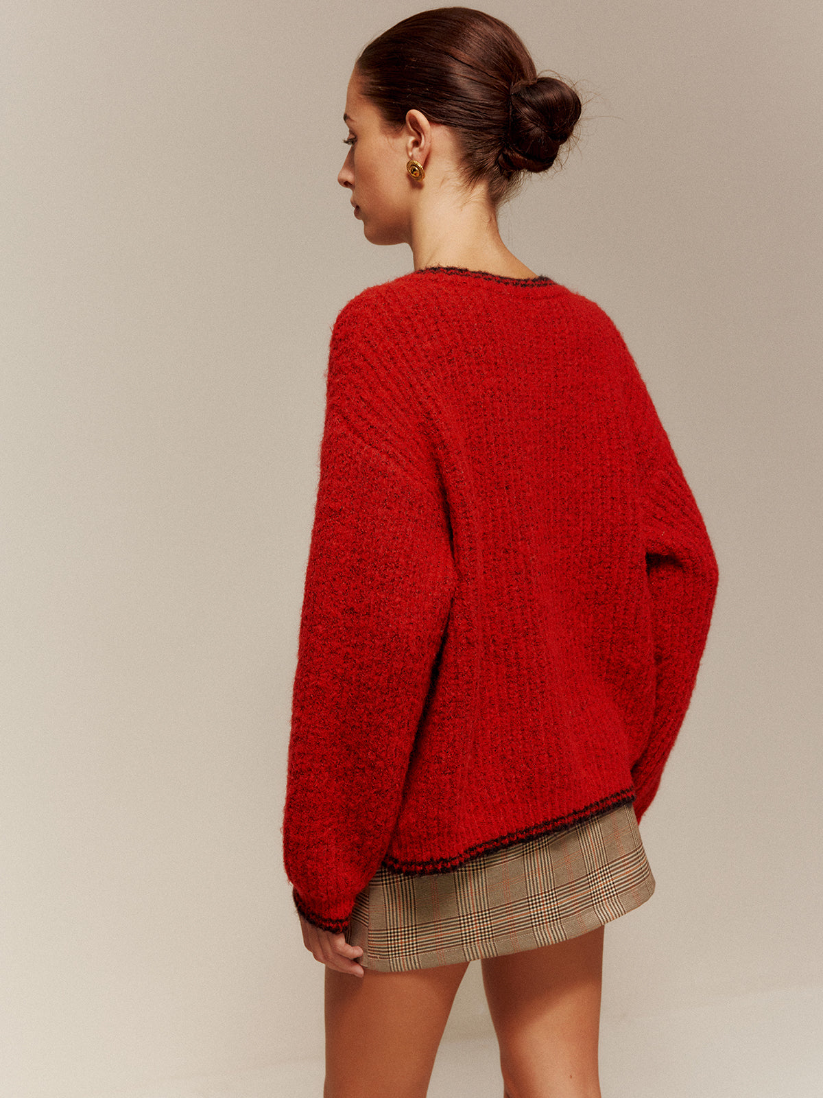 Contrast Trim Pockets Button Cardigan-Chicvia