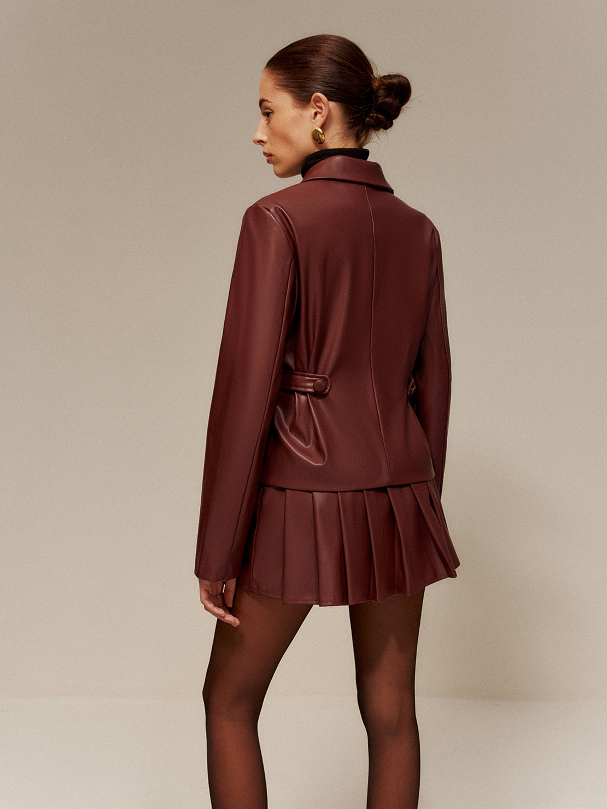 Faux Leather Pleated Skirt Set-Chicvia