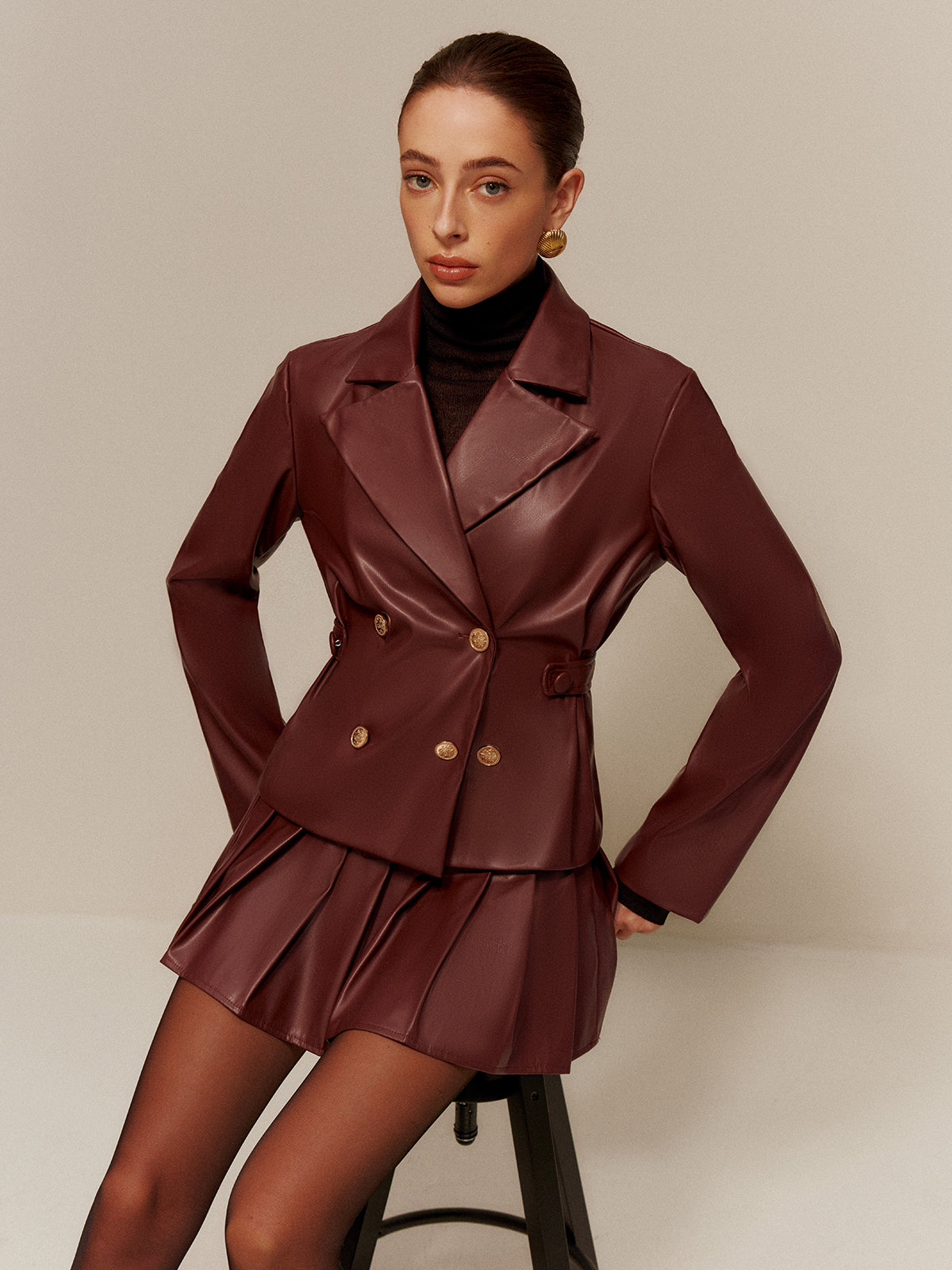 Faux Leather Pleated Skirt Set-Chicvia