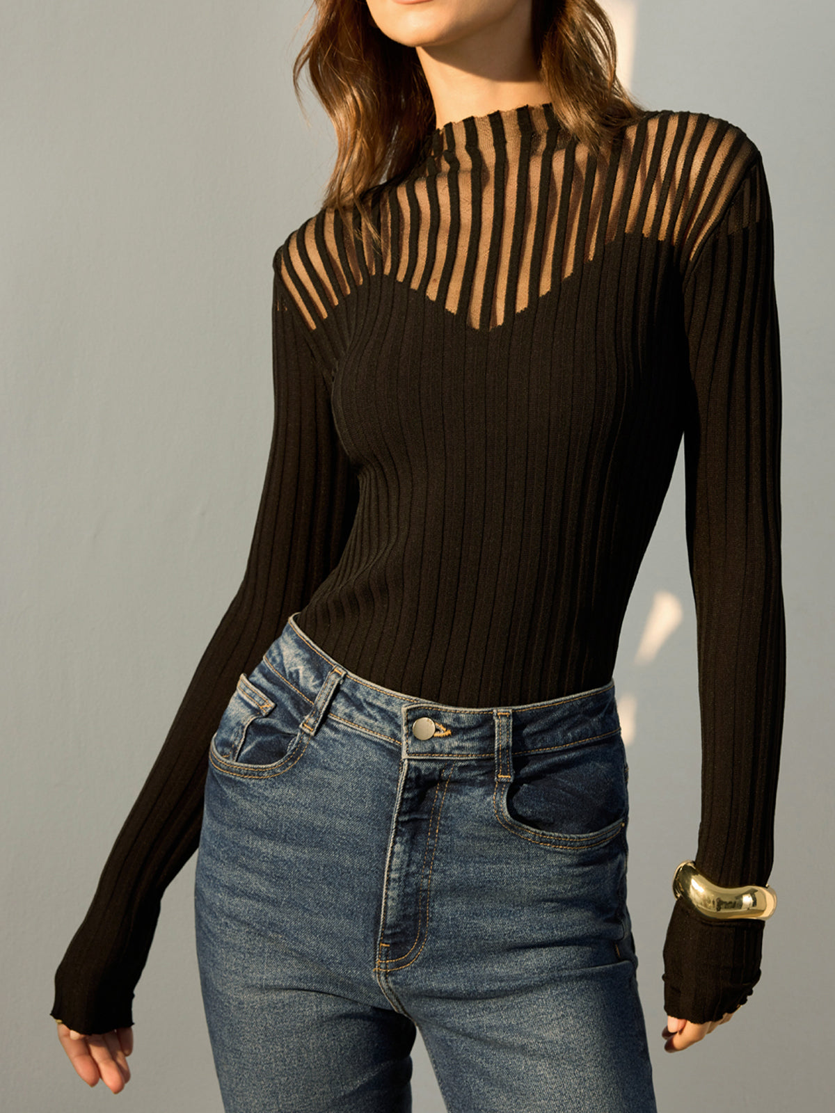 Ribbed Sheer-Shoulder Knit Top-Chicvia