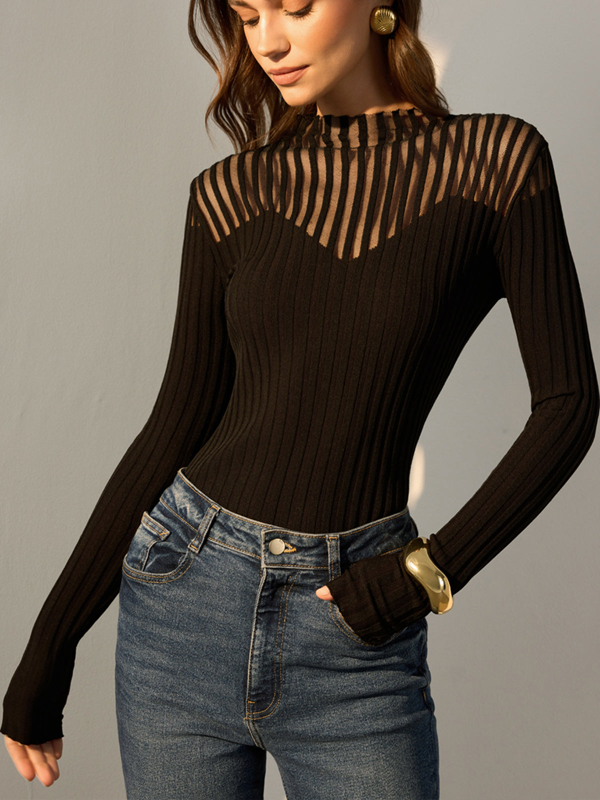Ribbed Sheer-Shoulder Knit Top-Chicvia
