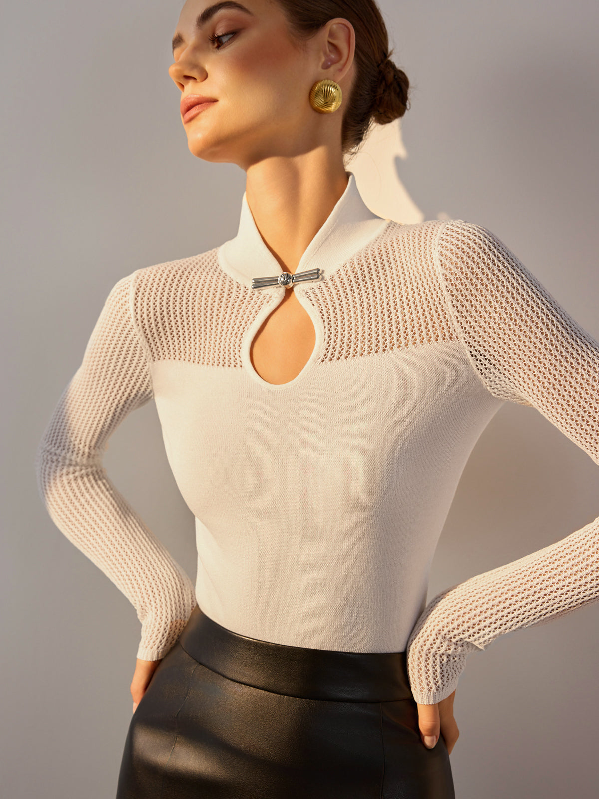 Keyhole Neckline Semi-Sheer Knit Top-Chicvia