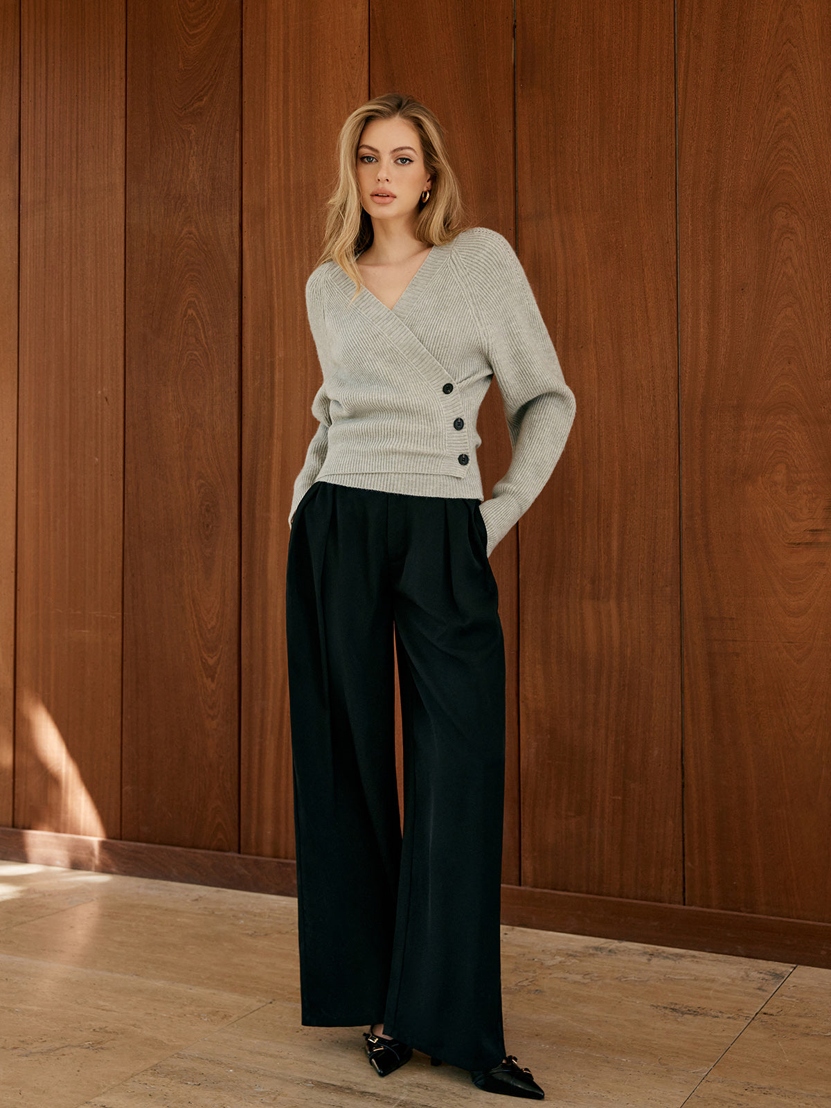 Button Wrap Slim Sweater-Chicvia