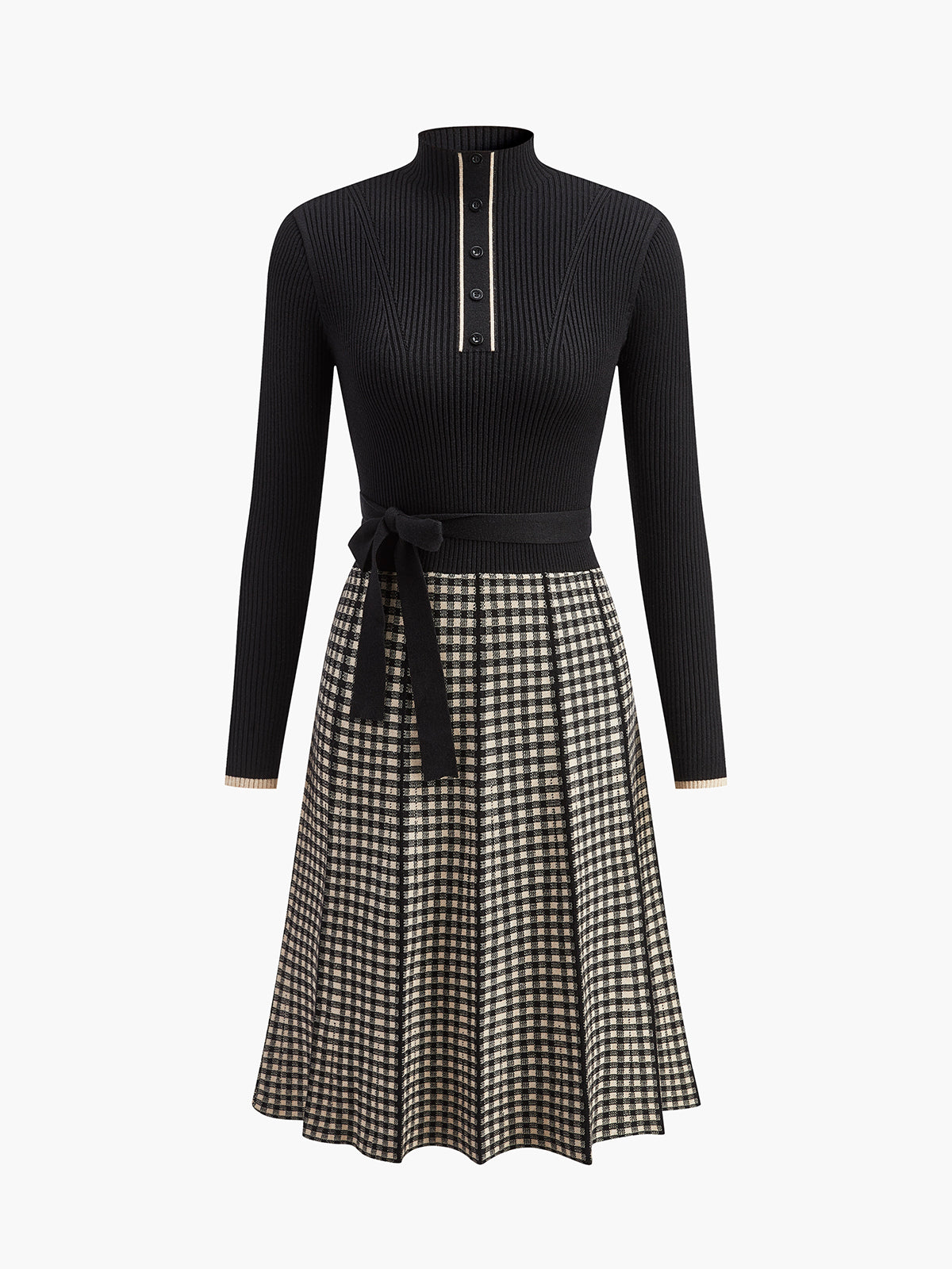 Belted Plaid Panel Sweater Dress-Chicvia