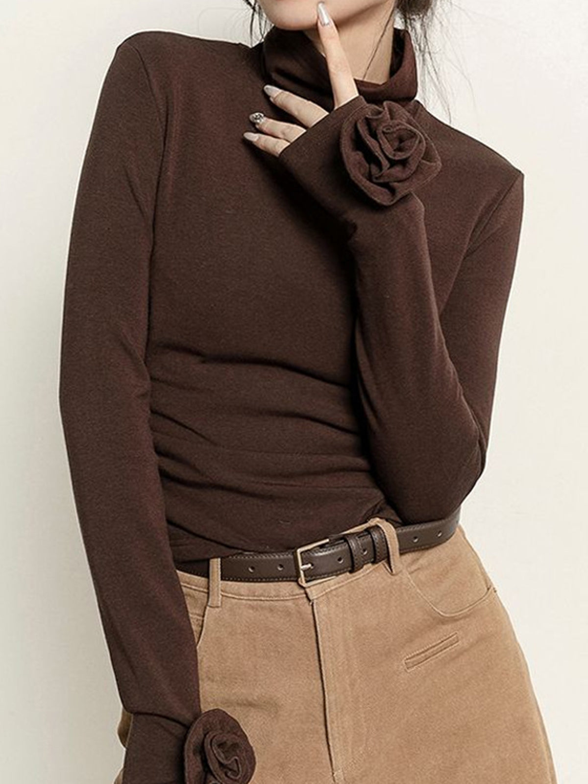 Pleated Turtleneck 3D Flower Slim T-Shirt-Chicvia