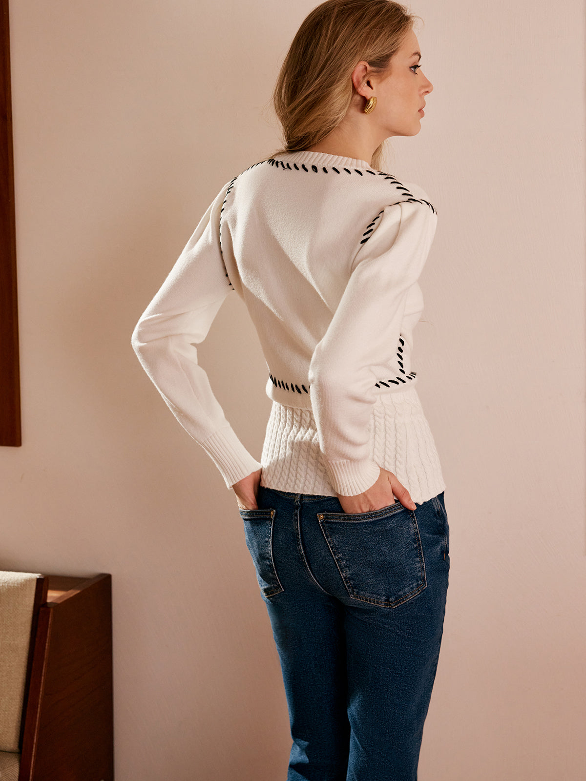 Contrast Trim Split Slim Cardigan-Chicvia