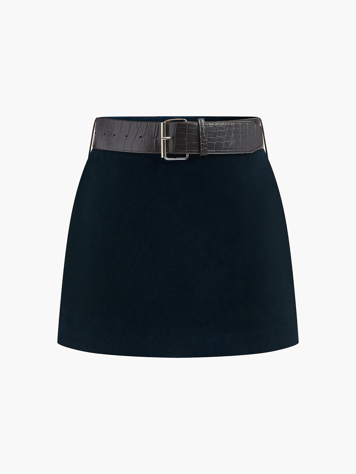 Crocodile Belted Velvet Mini Skirt-Chicvia