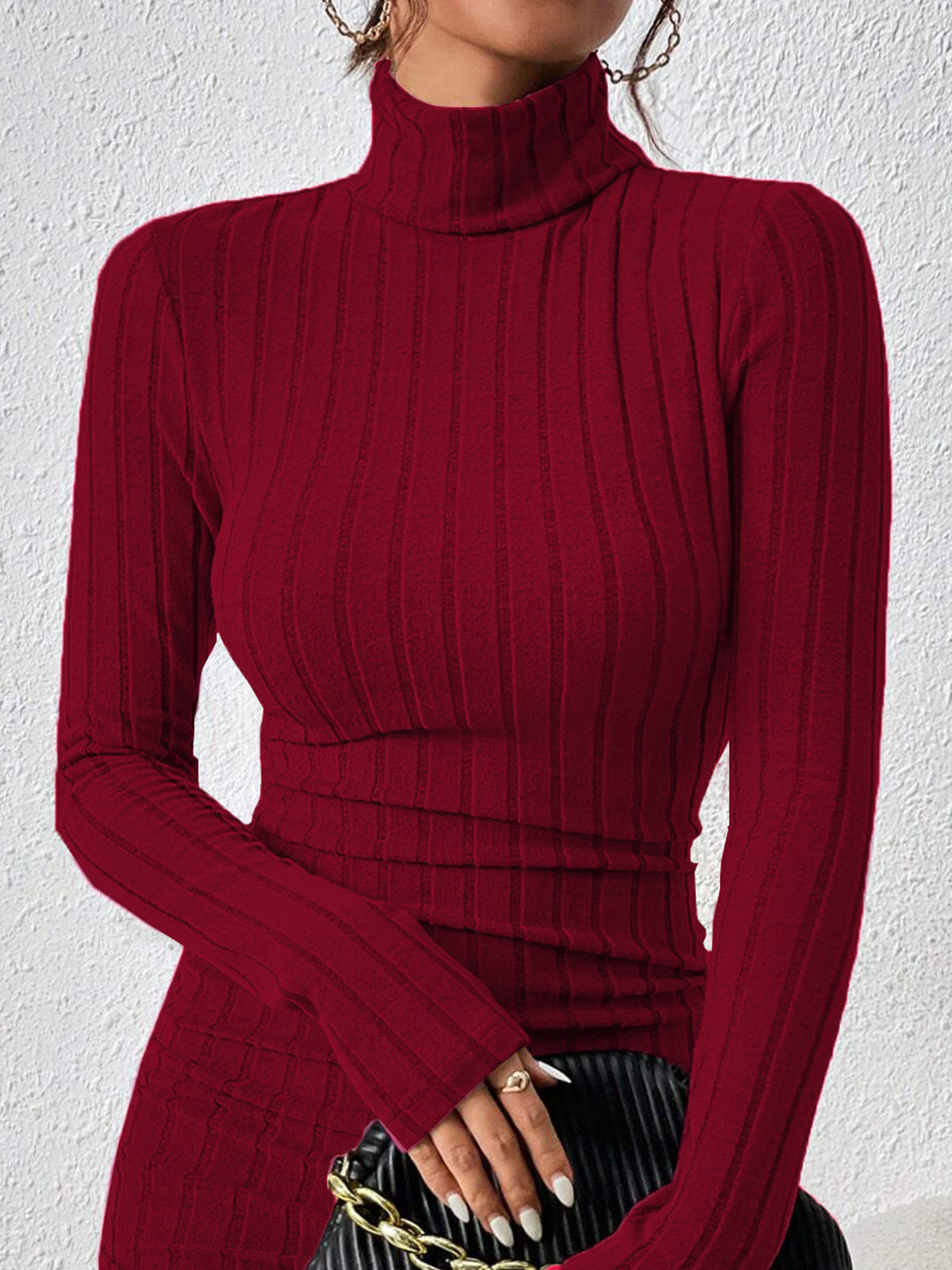Mock Neck Hip-Covering Ribbed Dress-Chicvia
