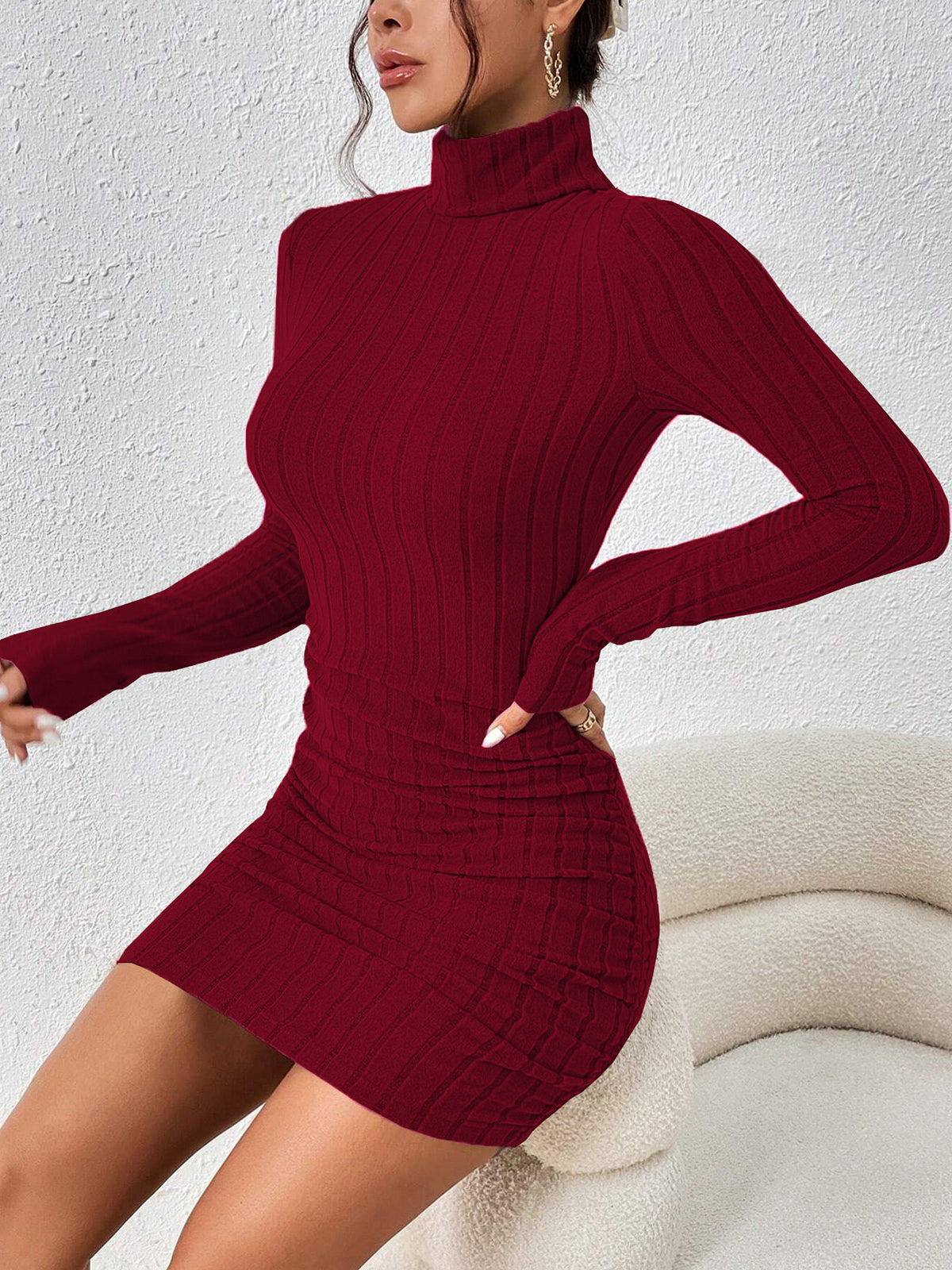 Mock Neck Hip-Covering Ribbed Dress-Chicvia