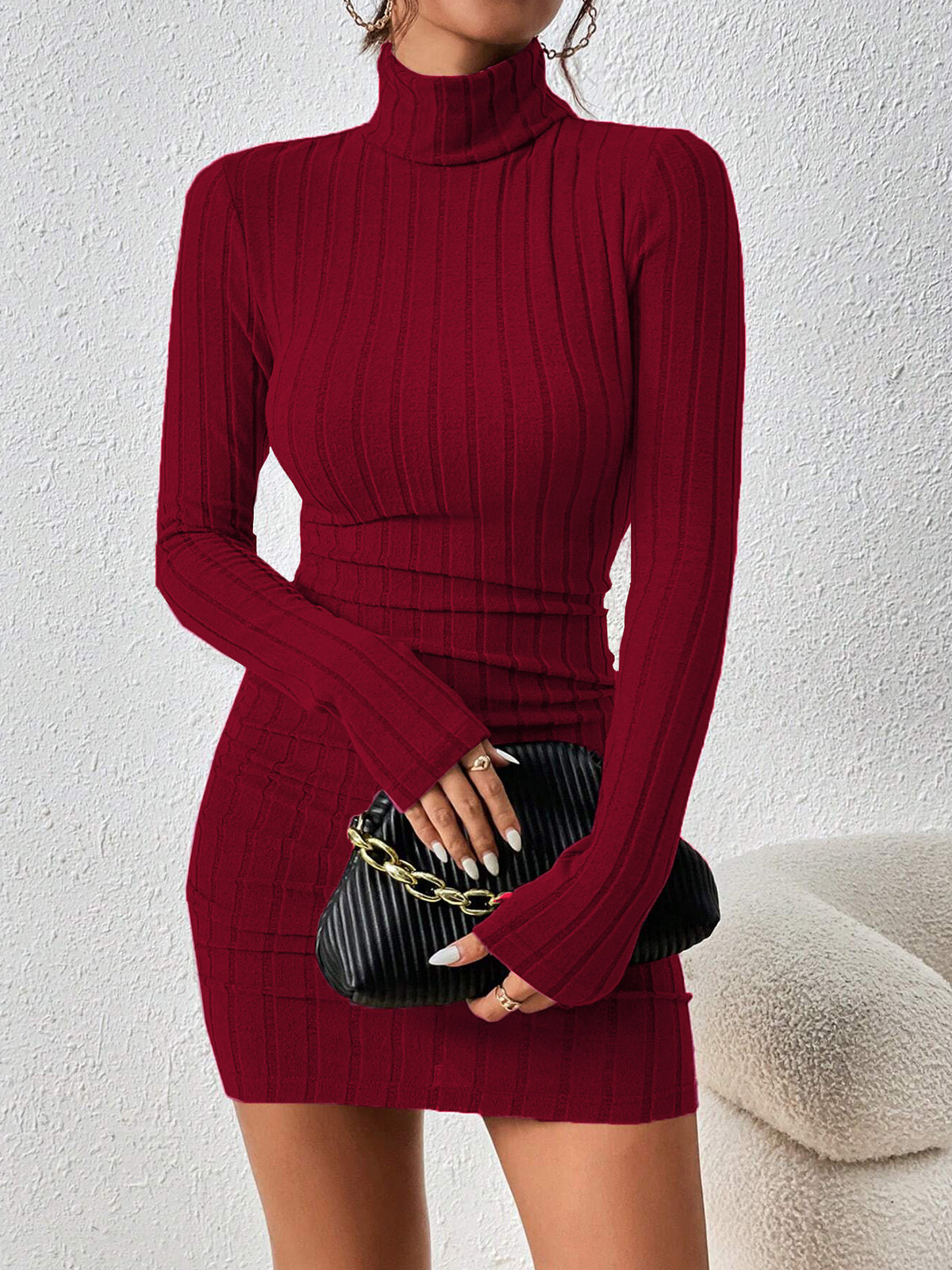 Mock Neck Hip-Covering Ribbed Dress-Chicvia