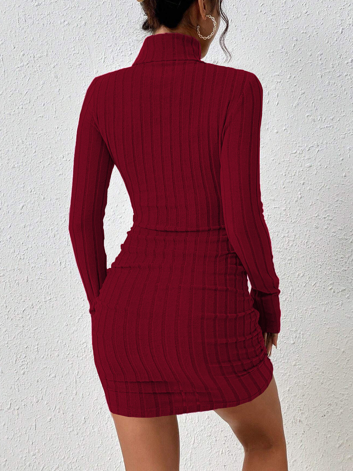 Mock Neck Hip-Covering Ribbed Dress-Chicvia