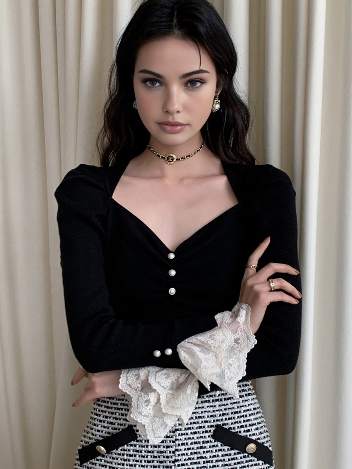 Lace Cuff Slim Sweater-Chicvia