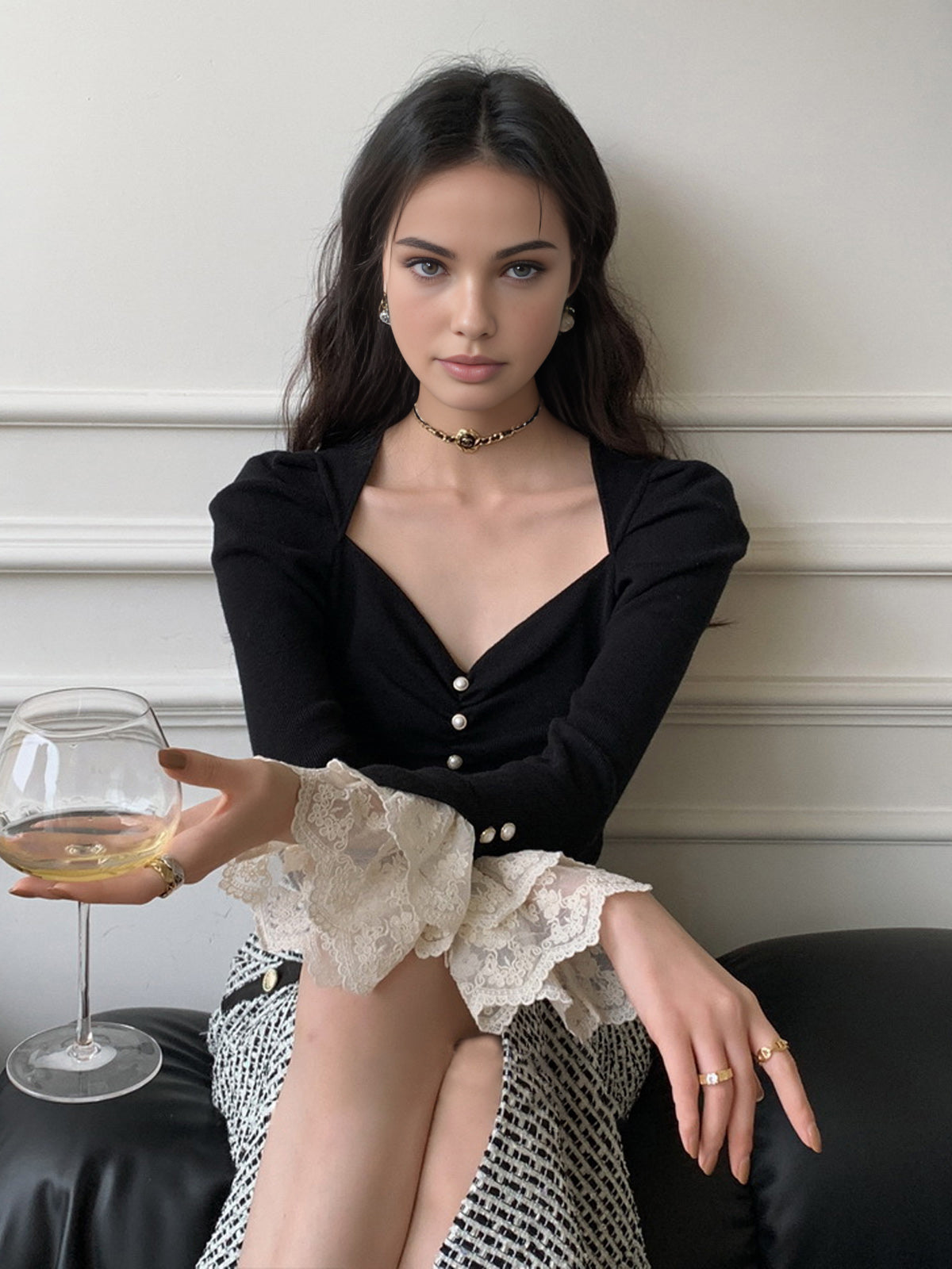 Lace Cuff Slim Sweater-Chicvia