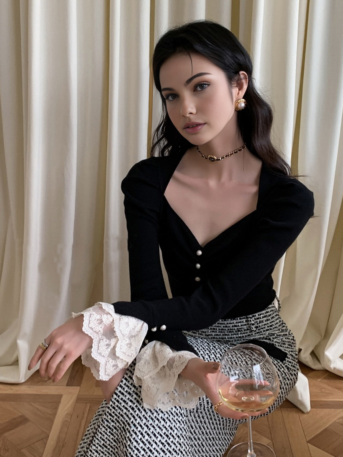 Lace Cuff Slim Sweater-Chicvia