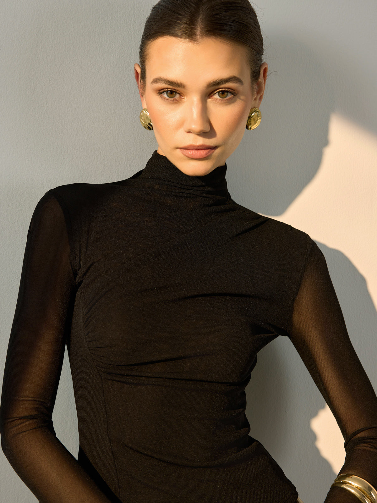 Mock Neck Sheer Sleeve Skinny T-Shirt-Chicvia