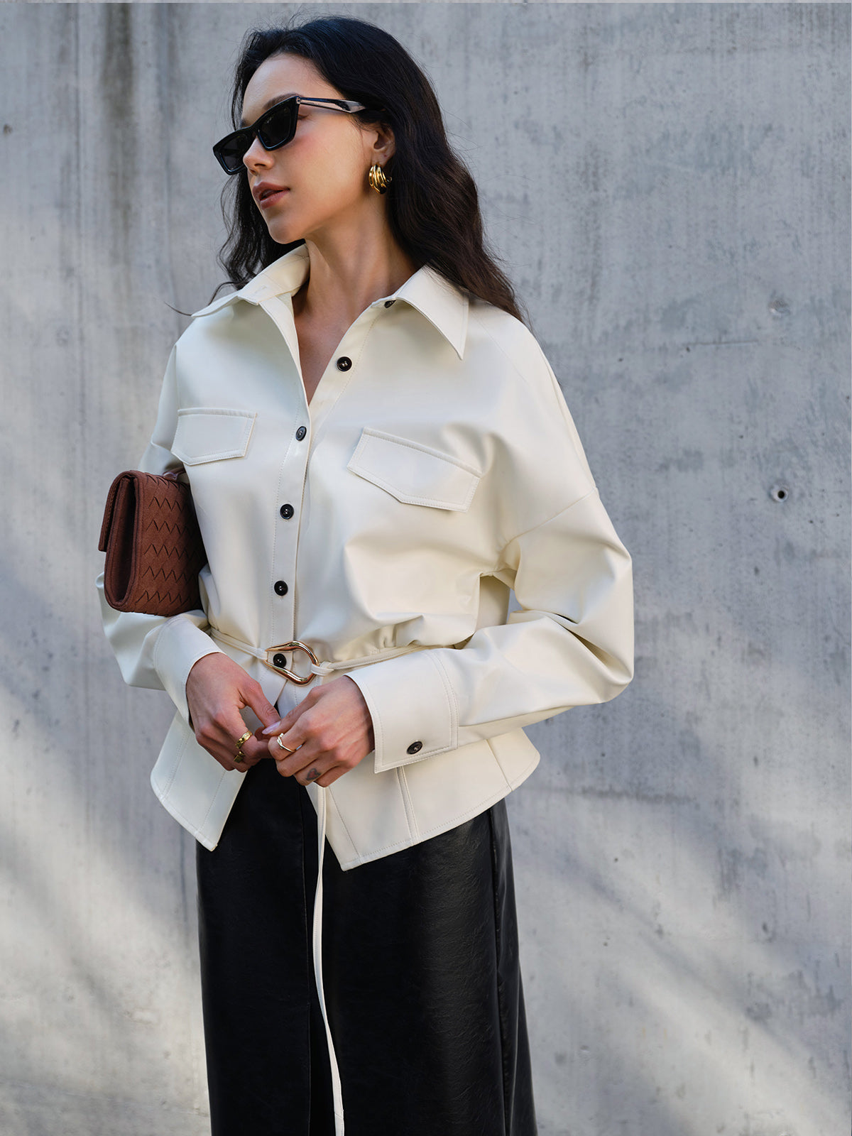 Faux Leather Button Polo Shirt Without Belt-Chicvia