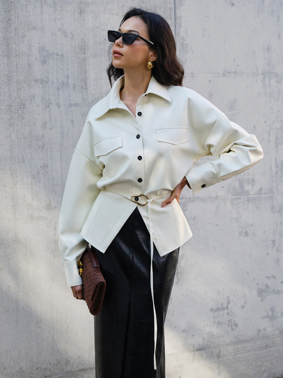 Faux Leather Button Polo Shirt Without Belt-Chicvia