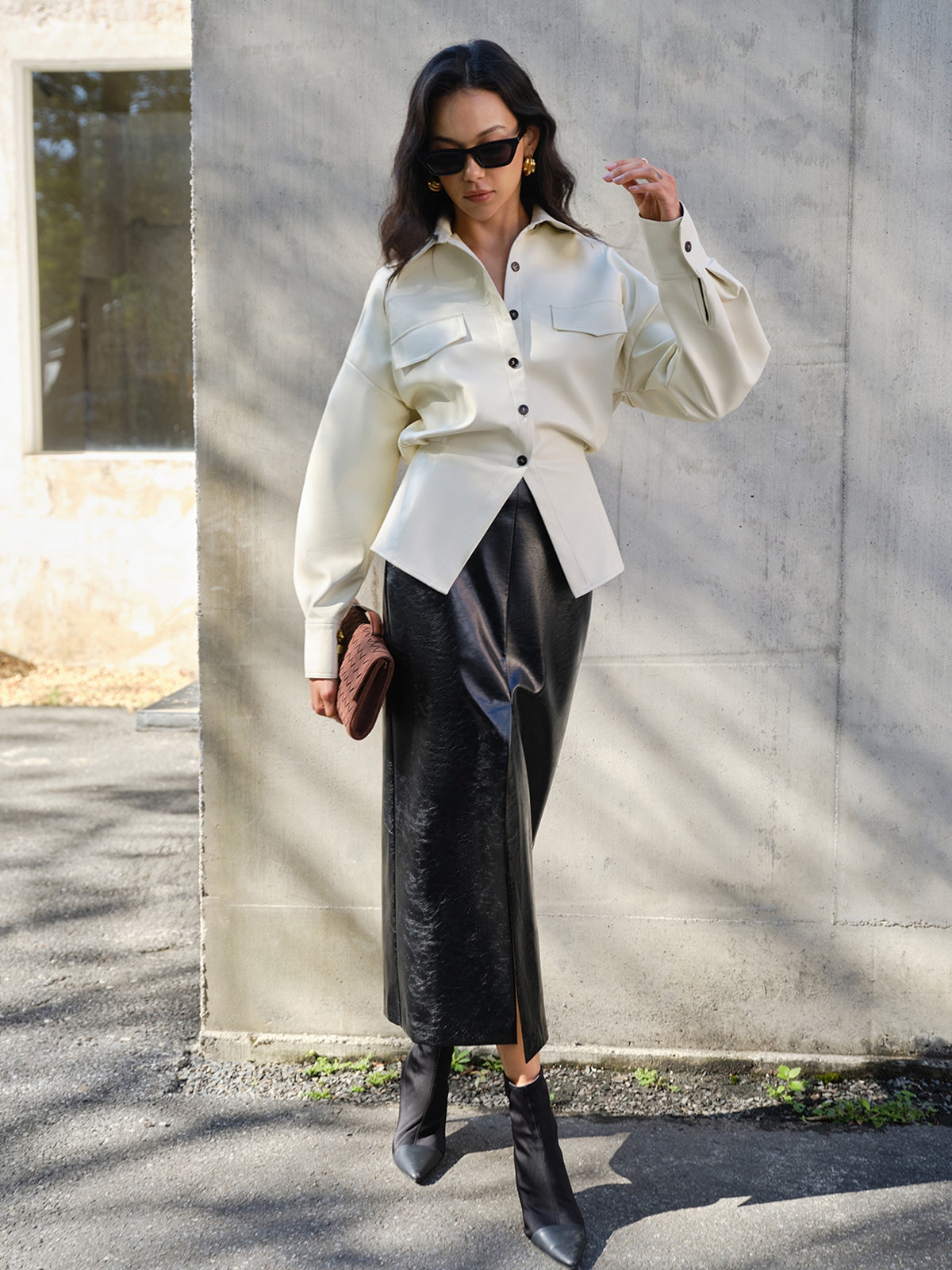 Faux Leather Button Polo Shirt Without Belt-Chicvia