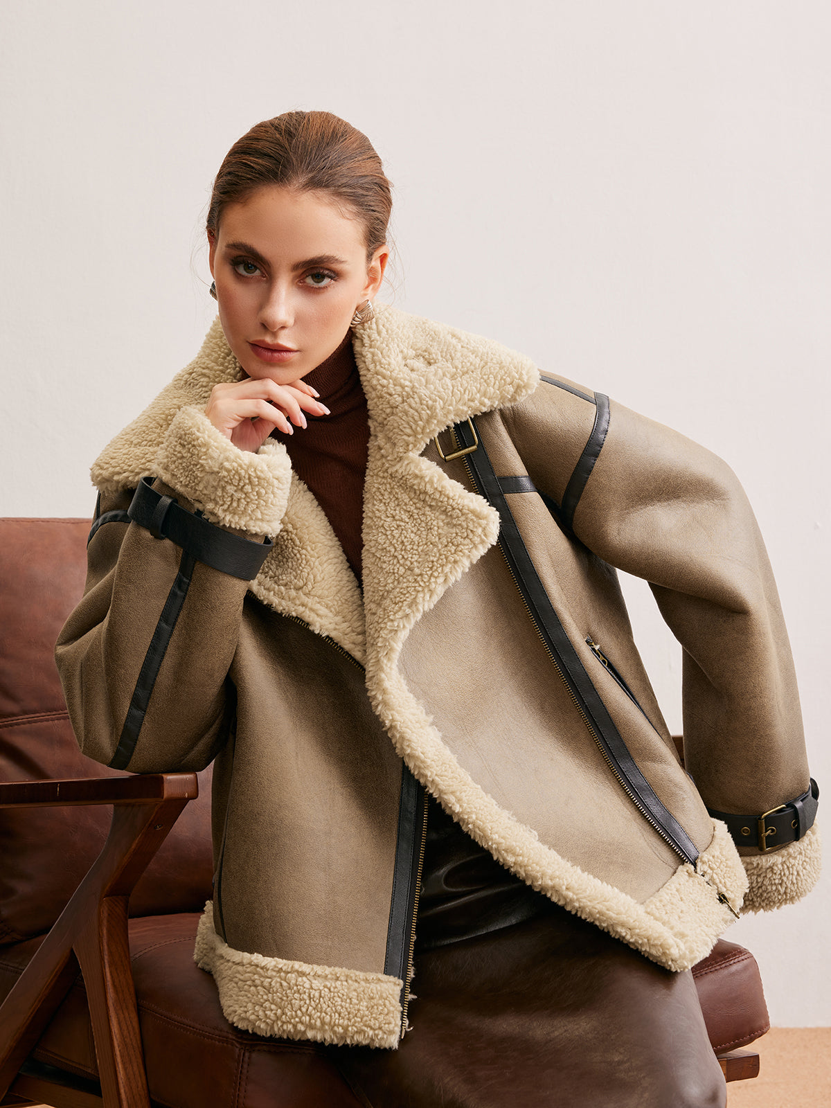 Faux Leather Zipper Teddy Coat-Chicvia