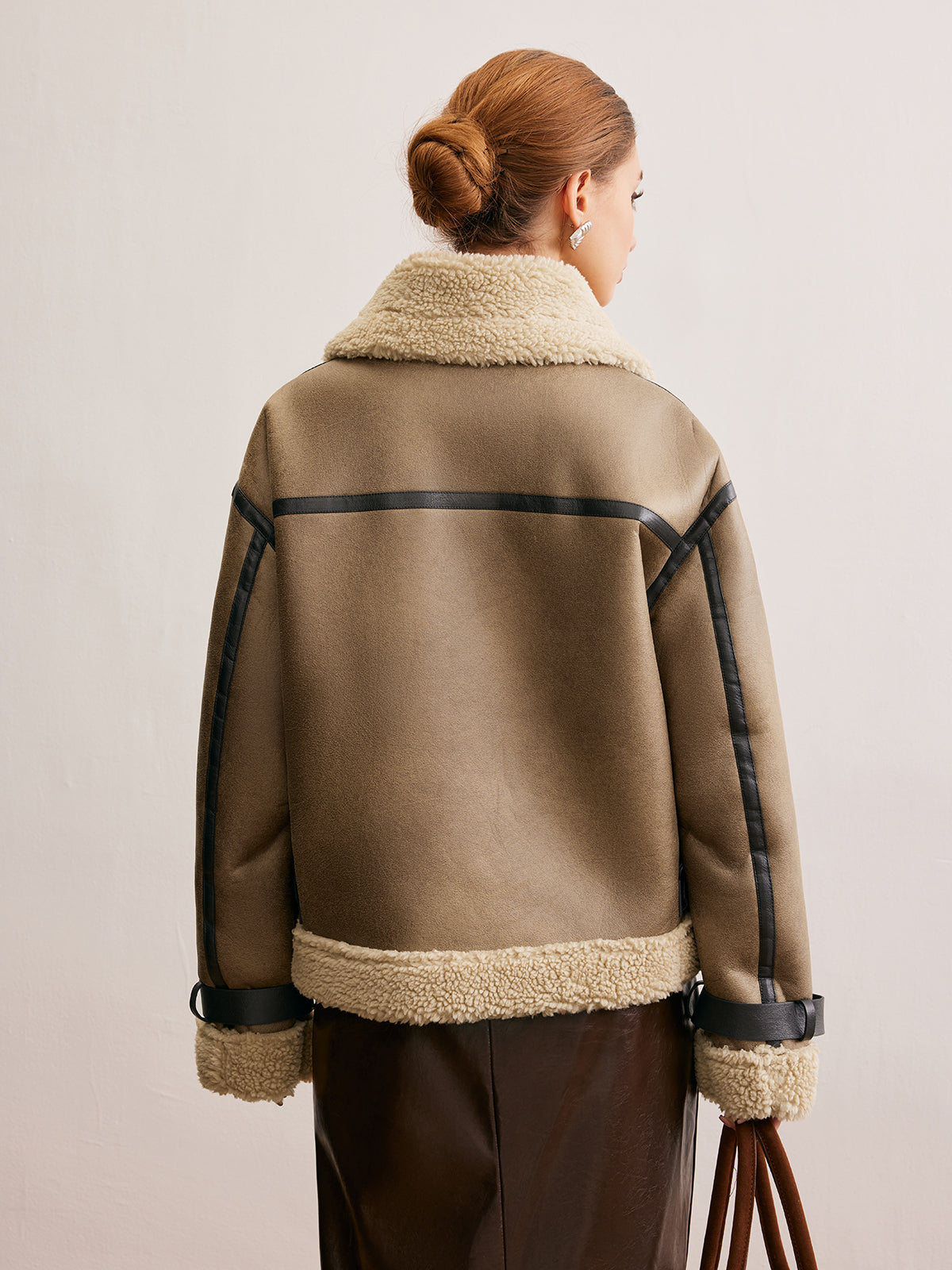 Faux Leather Zipper Teddy Coat-Chicvia