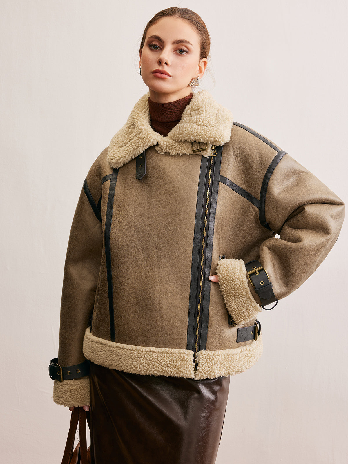 Faux Leather Zipper Teddy Coat-Chicvia