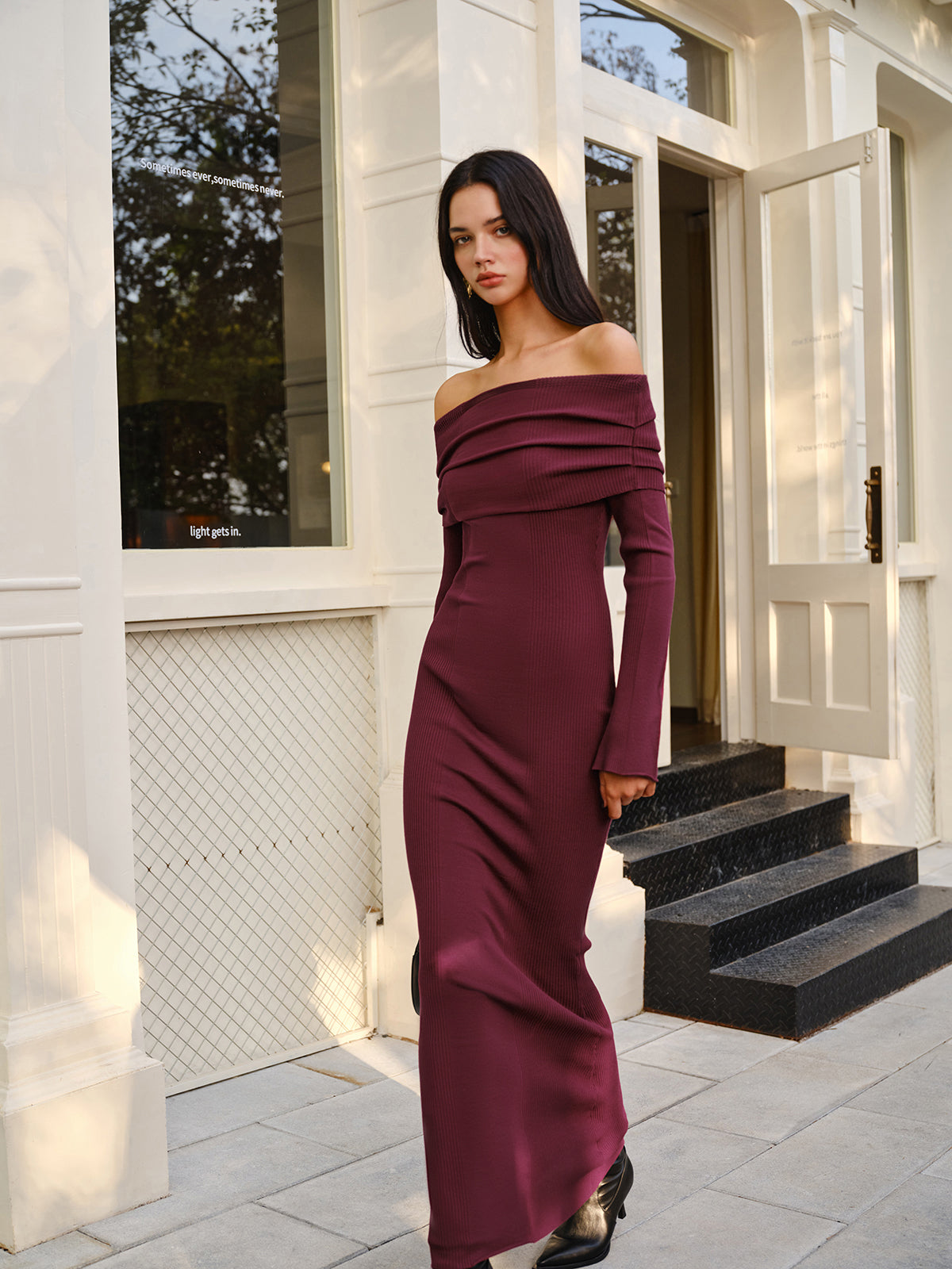 Off-Shoulder Sweater Skinny Dress-Chicvia