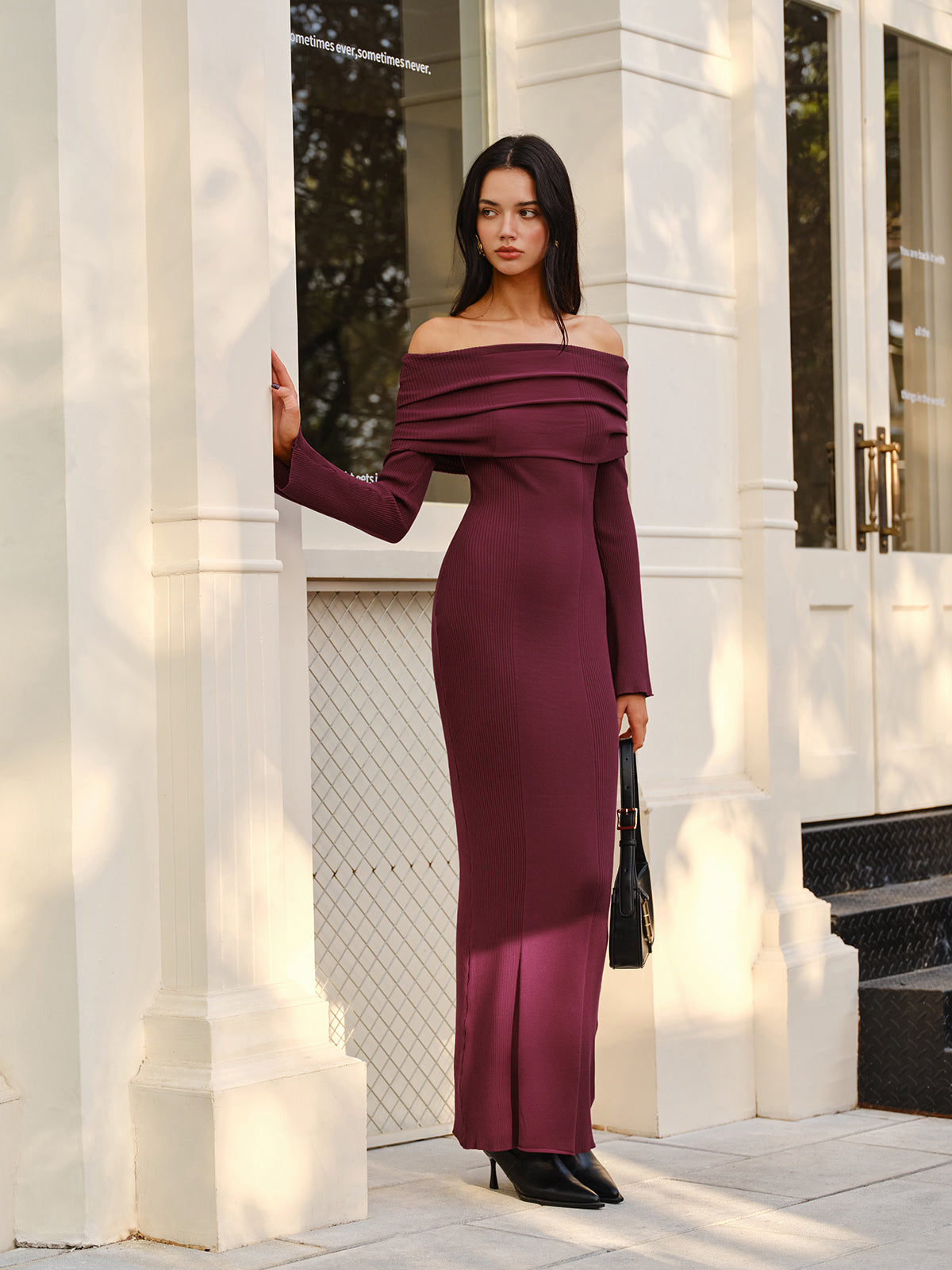 Off-Shoulder Sweater Skinny Dress-Chicvia