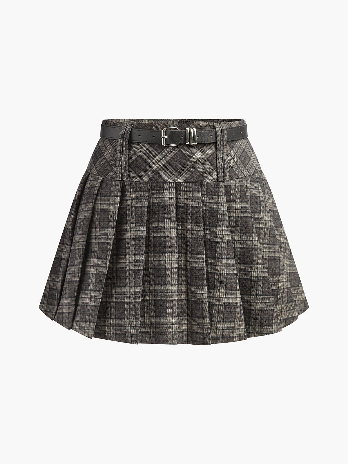 Mid-Waist Checked Pleated Skirt With Belt-Chicvia