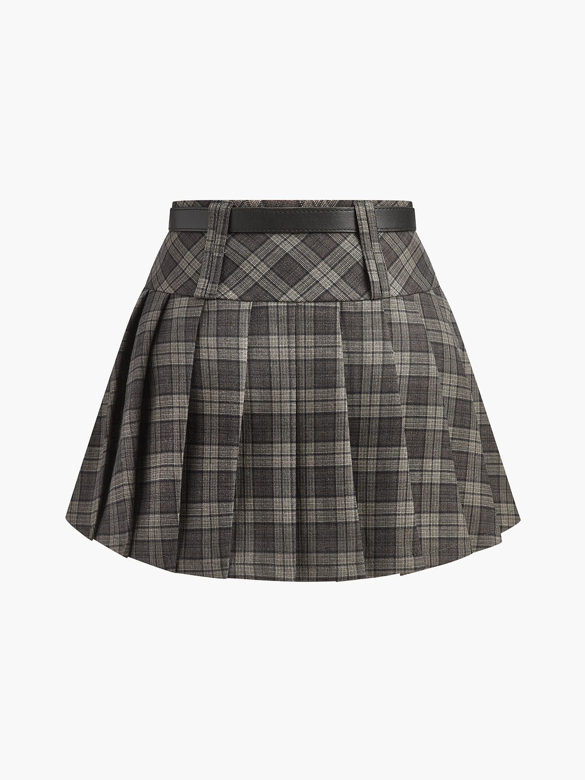 Mid-Waist Checked Pleated Skirt With Belt-Chicvia