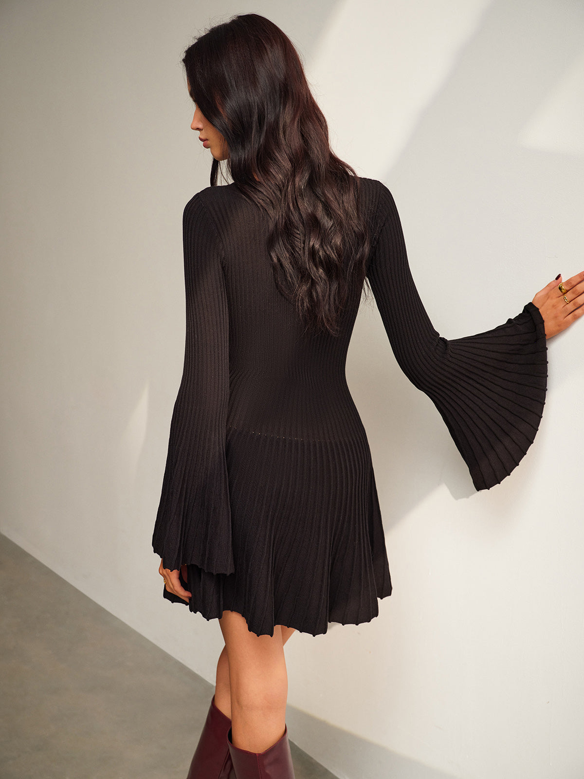 Keyhole Neckline Bell Sleeve Sweater Dress-Chicvia