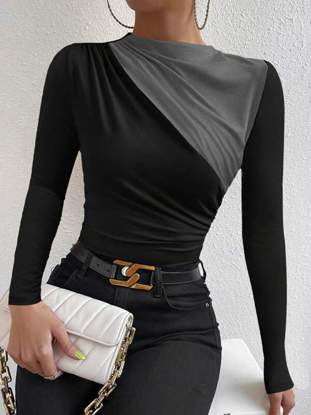 Color Block Long Sleeve T-Shirt-Chicvia