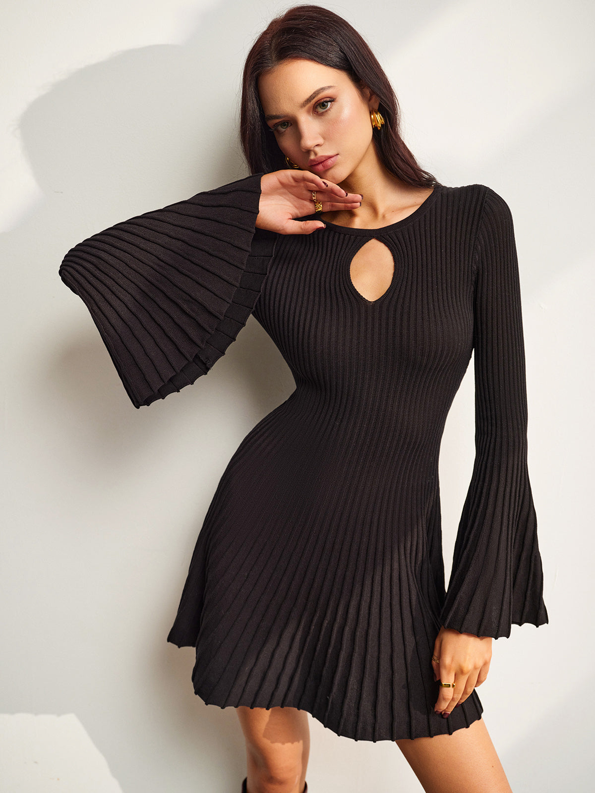Keyhole Neckline Bell Sleeve Sweater Dress-Chicvia