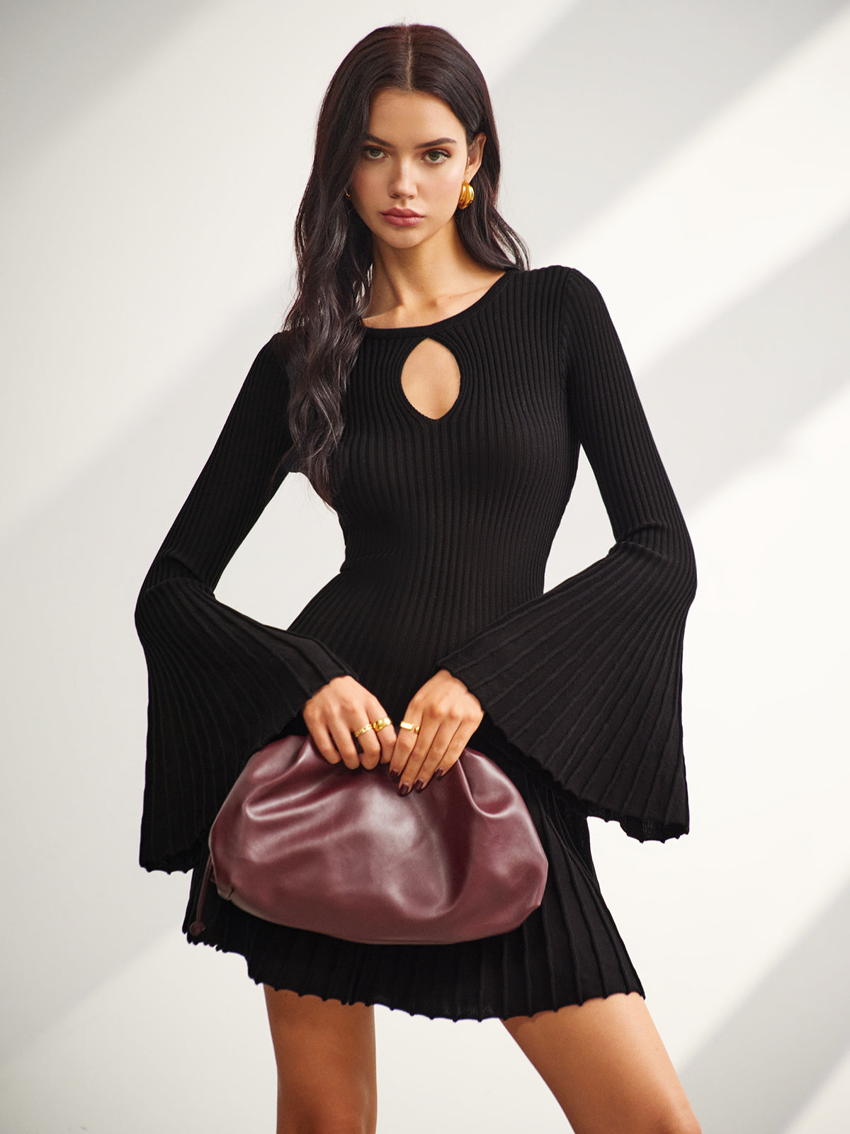 Keyhole Neckline Bell Sleeve Sweater Dress-Chicvia