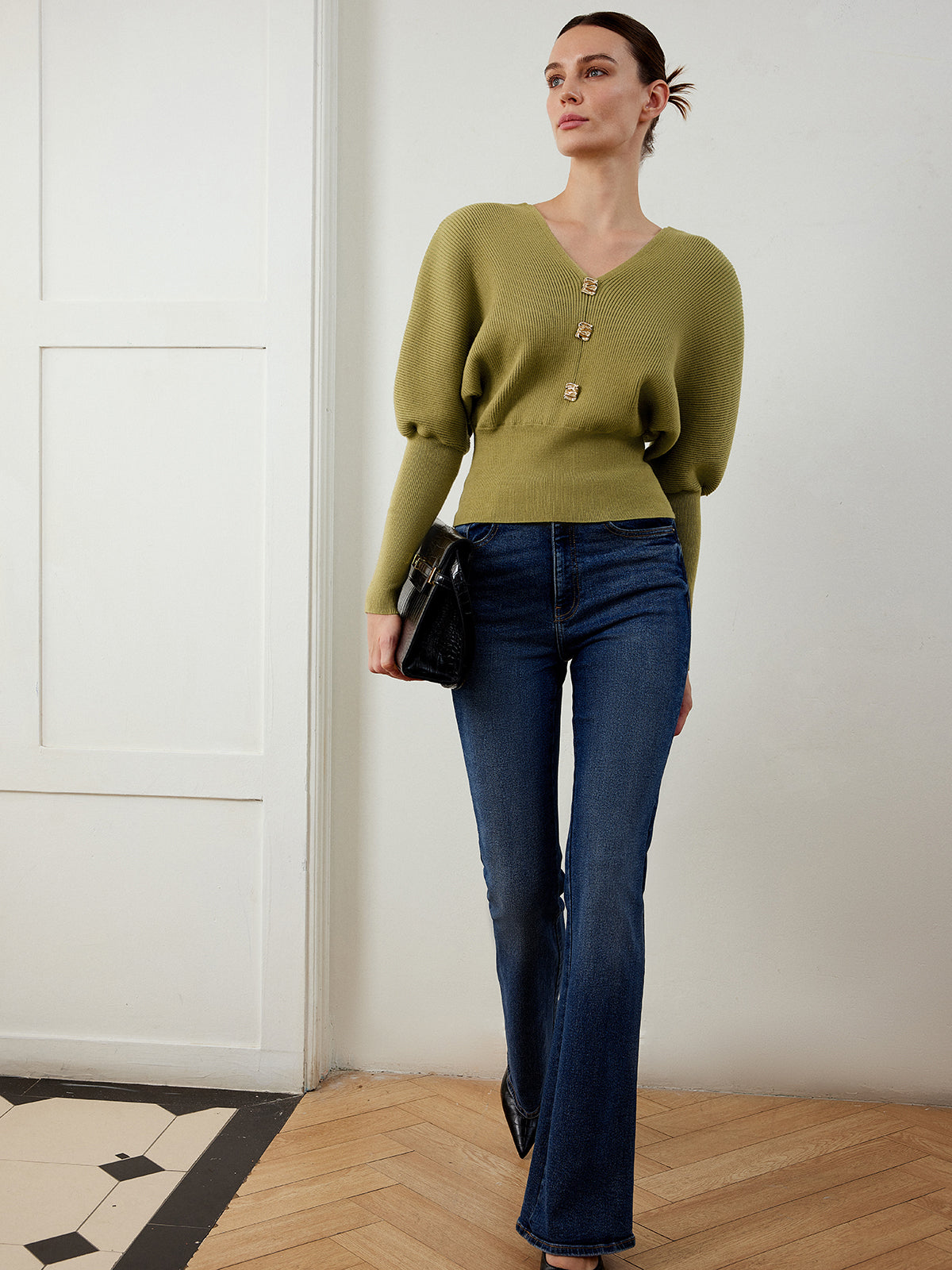 Leg-Of-Mutton Sleeve Cinched Sweater-Chicvia