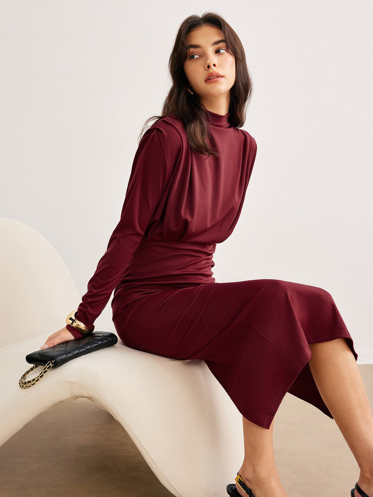 Mock Neck Pleated Jersey Dress-Chicvia