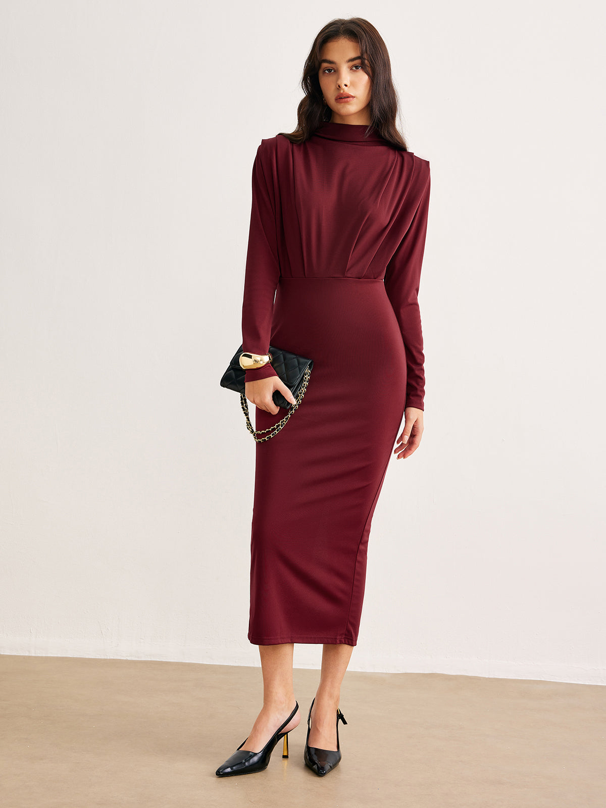 Mock Neck Pleated Jersey Dress-Chicvia