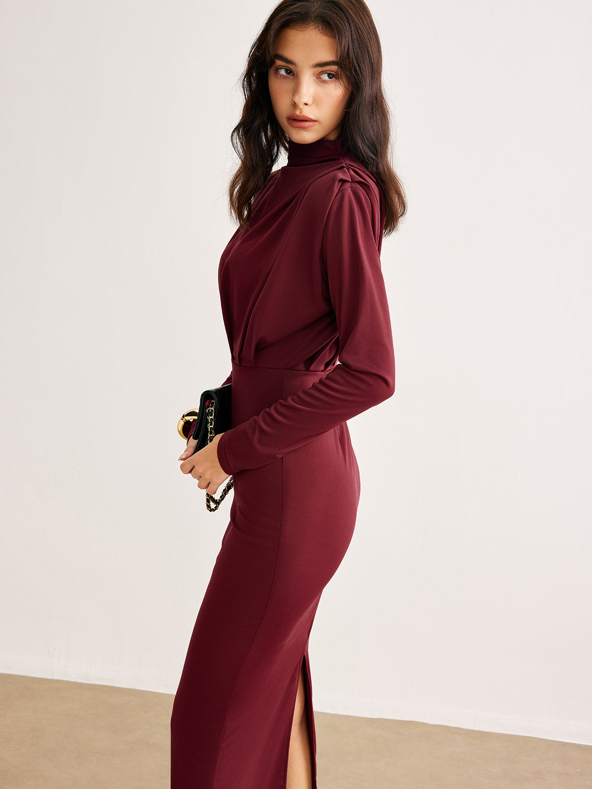 Mock Neck Pleated Jersey Dress-Chicvia