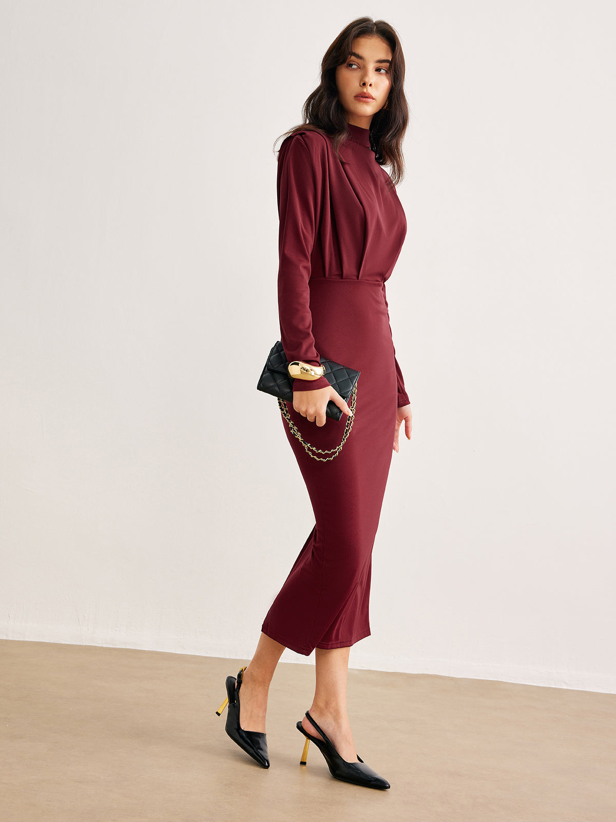 Mock Neck Pleated Jersey Dress-Chicvia