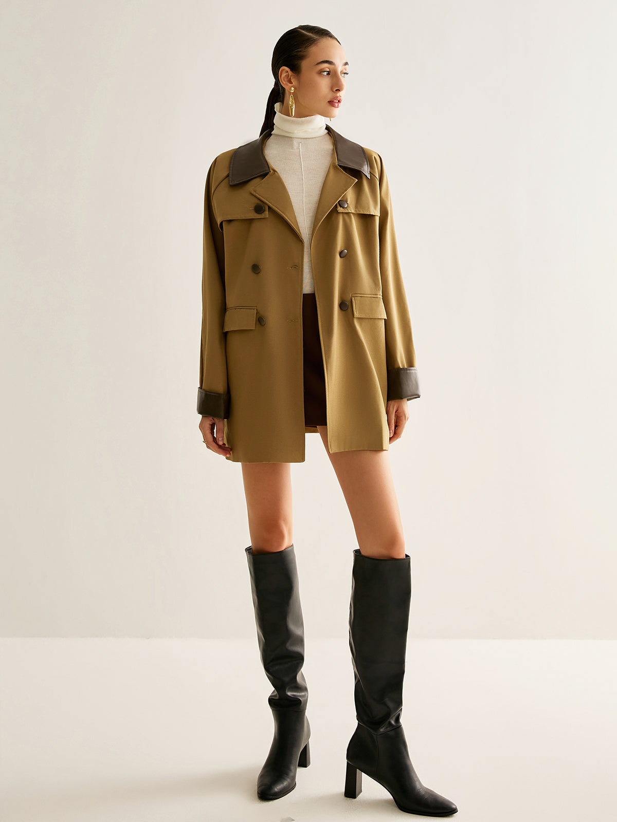 Contrast Binding Button Trench Coat-Chicvia