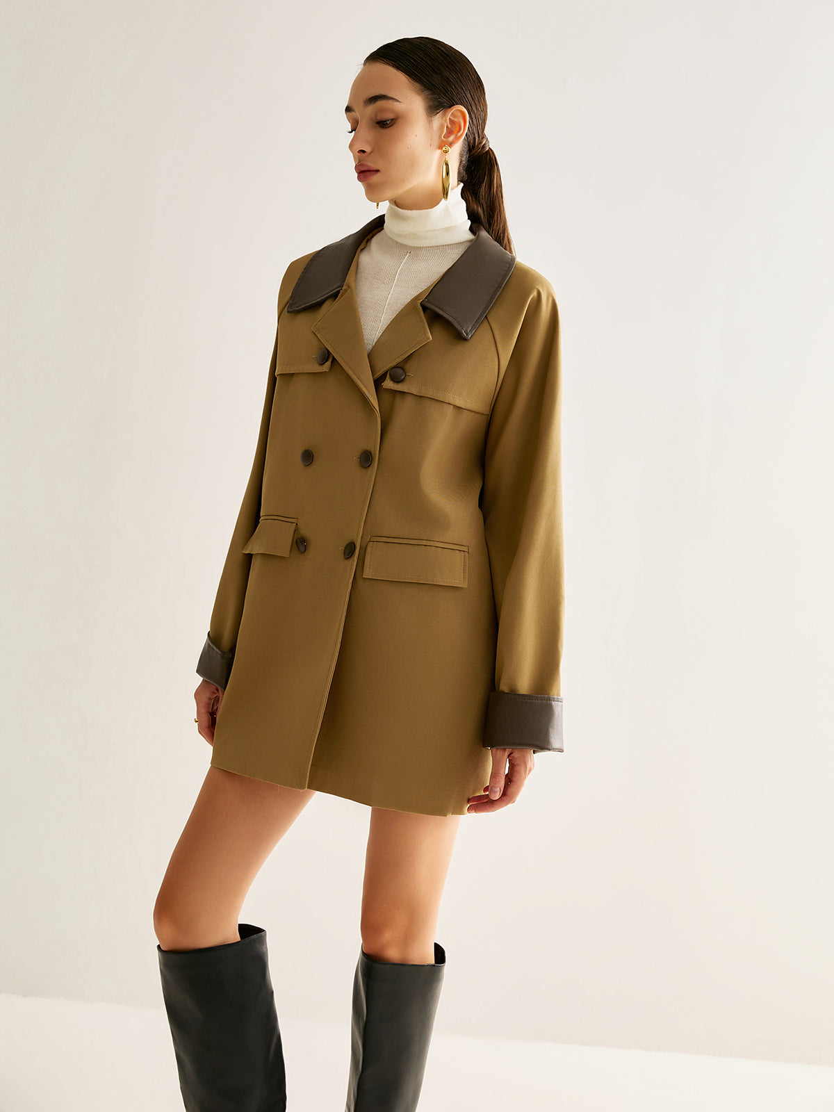 Contrast Binding Button Trench Coat-Chicvia