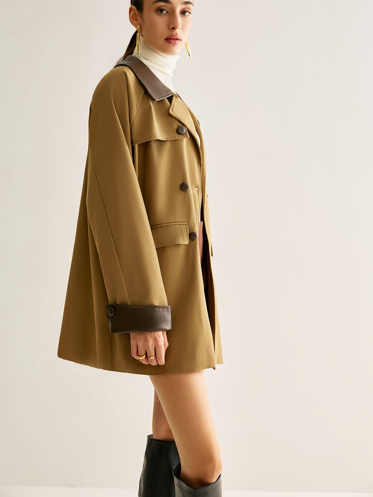Contrast Binding Button Trench Coat-Chicvia