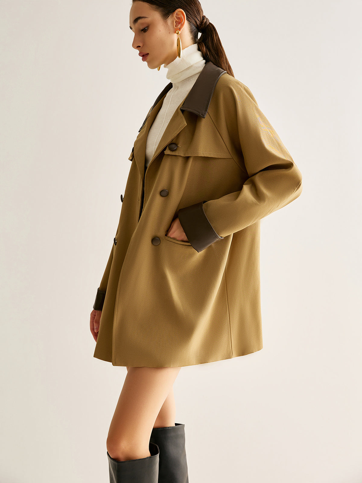 Contrast Binding Button Trench Coat-Chicvia