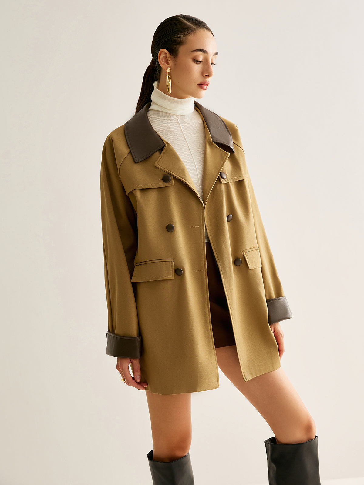 Contrast Binding Button Trench Coat-Chicvia