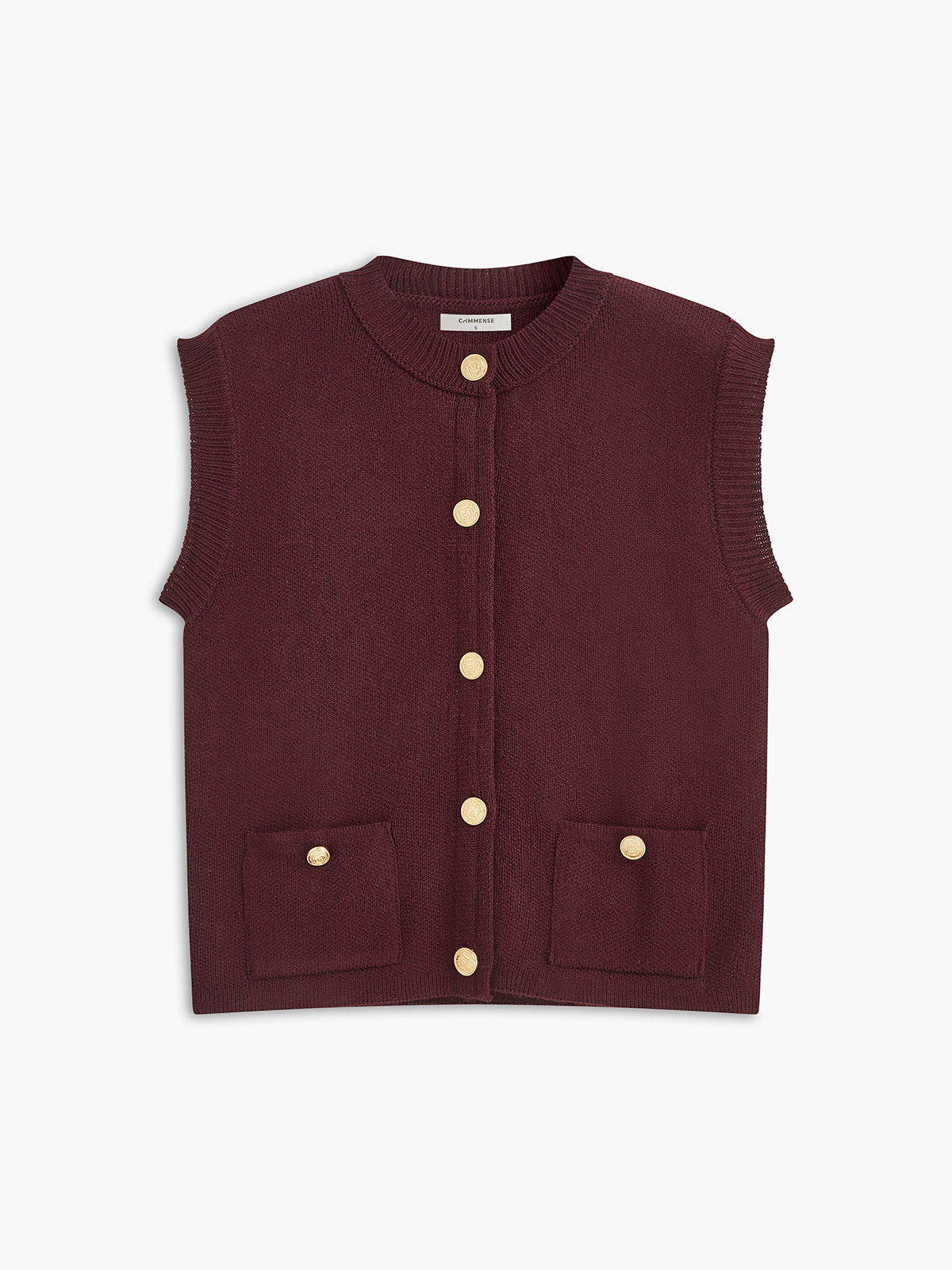 Crew Neck Metal Button Sweater Vest-Chicvia