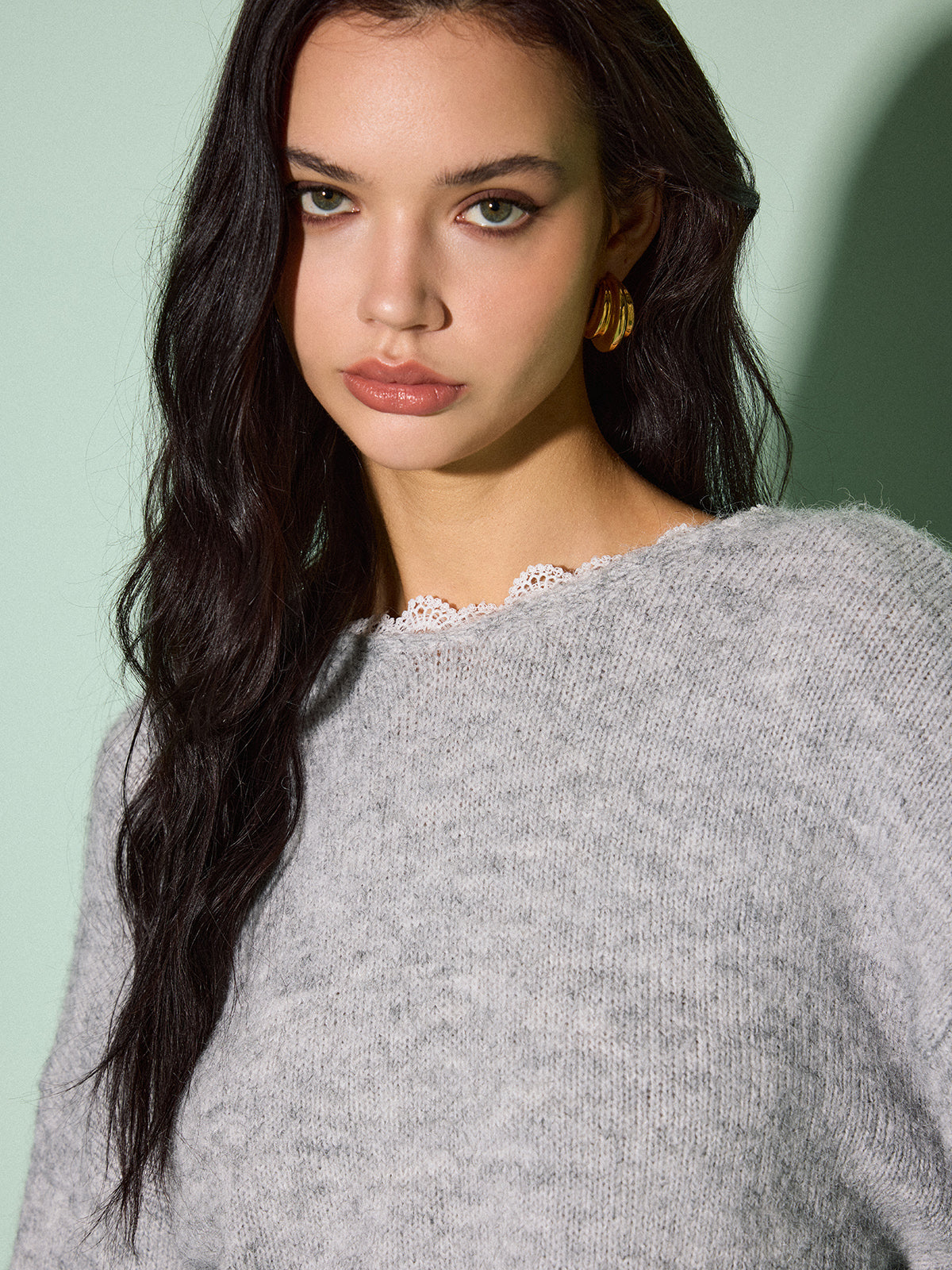 Lace Trim Bow-Decor Draped Sweater-Chicvia