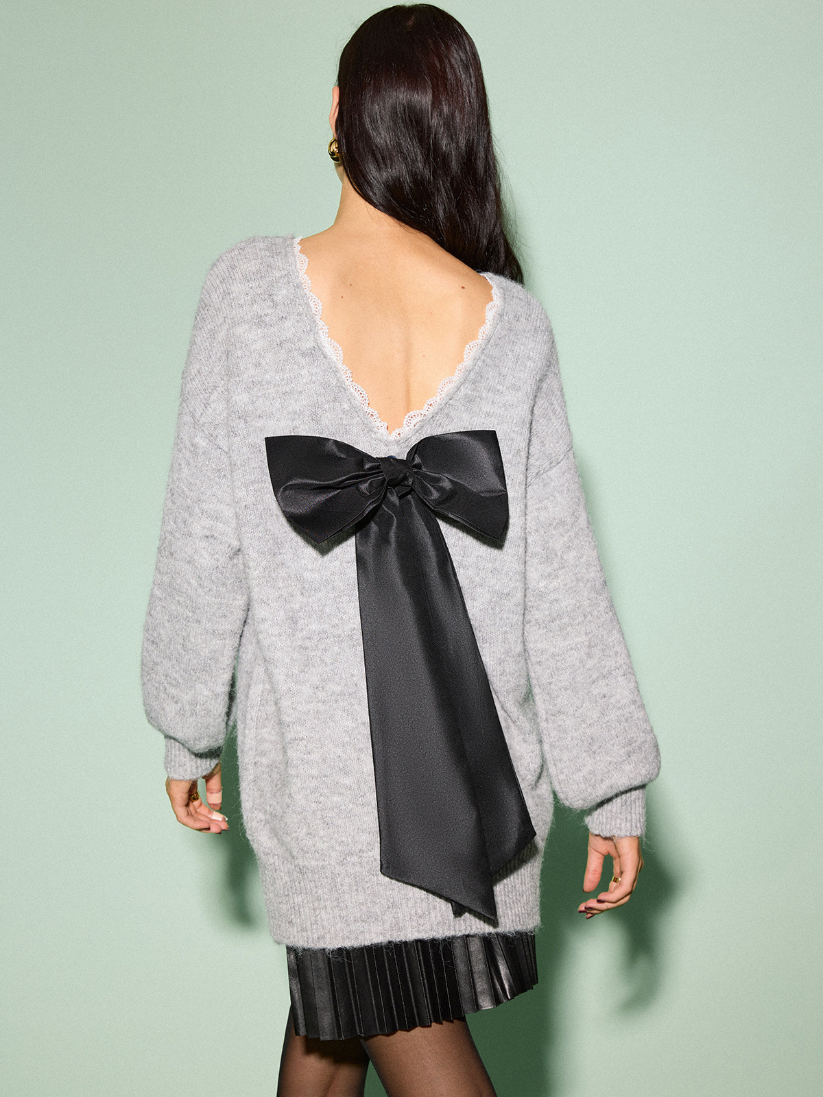 Lace Trim Bow-Decor Draped Sweater-Chicvia