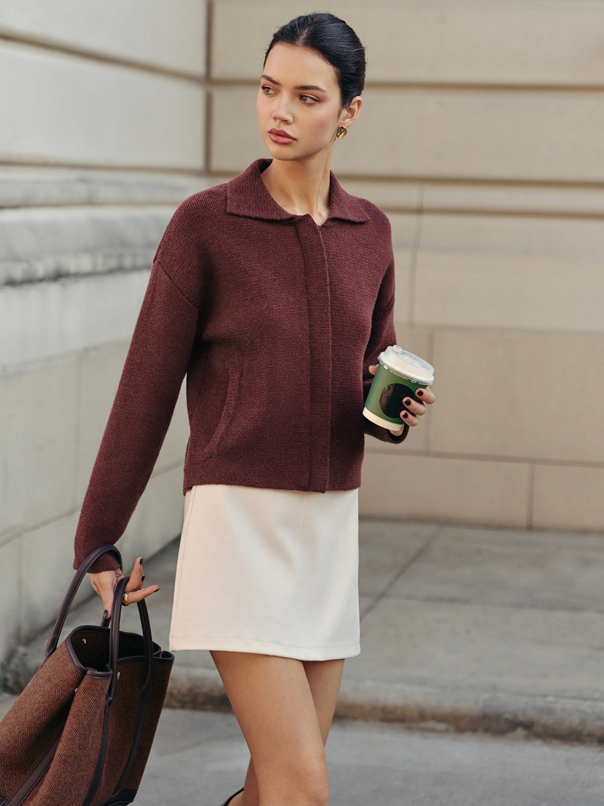 Plain Zipper Polo Cardigan-Chicvia