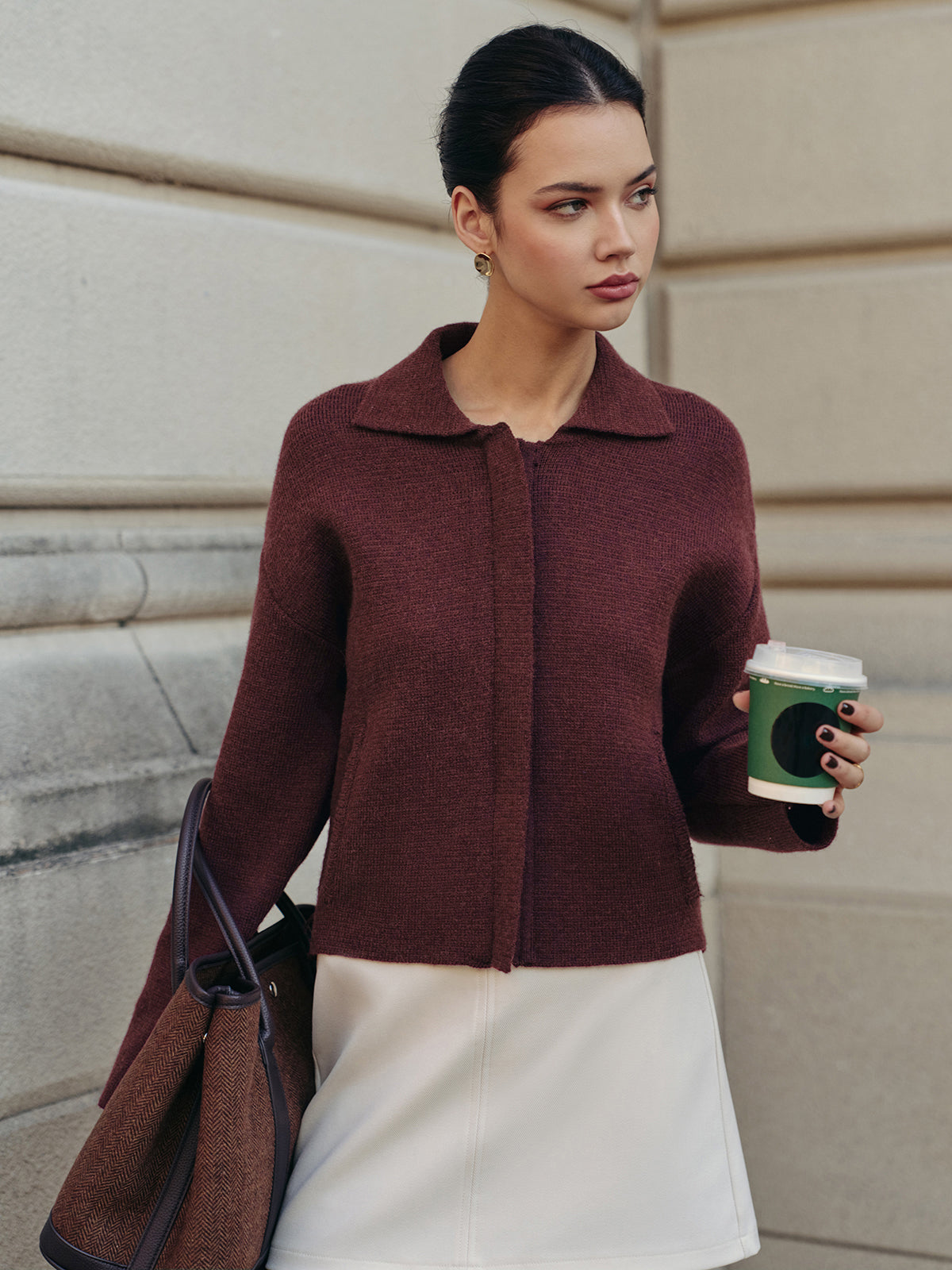 Plain Zipper Polo Cardigan-Chicvia