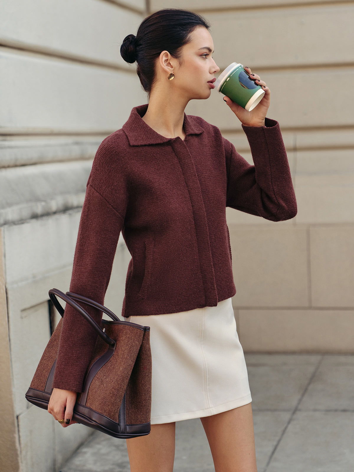 Plain Zipper Polo Cardigan-Chicvia