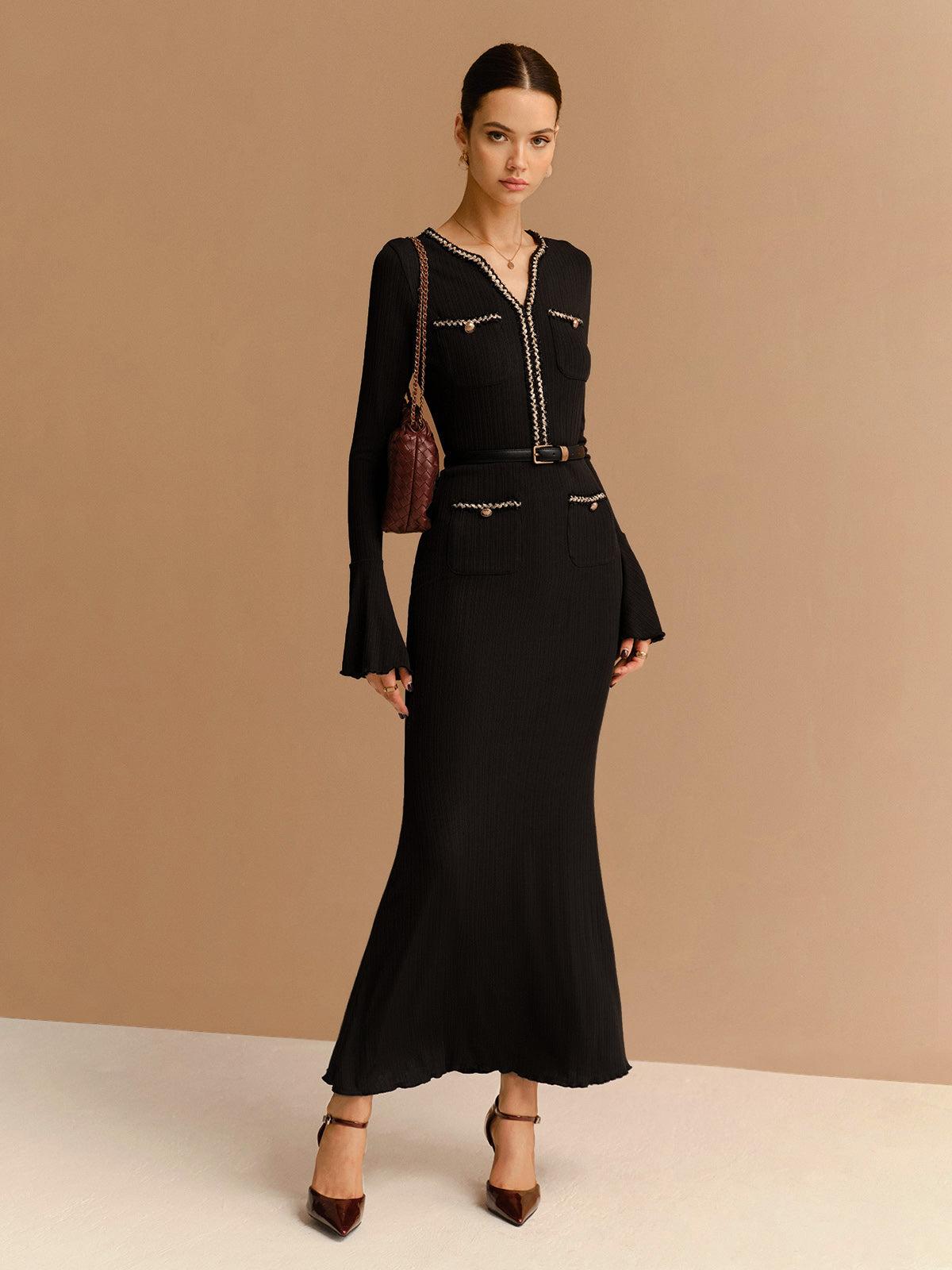 Elegant Contrast Binding Ruffle Slim Dress Without Belt-Chicvia